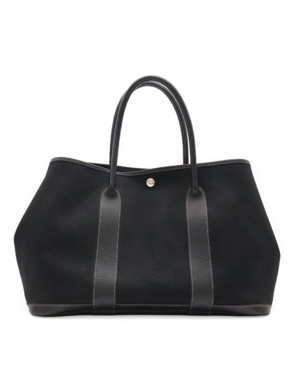 Hermes Garden Party PM Tote Shoulder Bag Toile Officier Leather Black